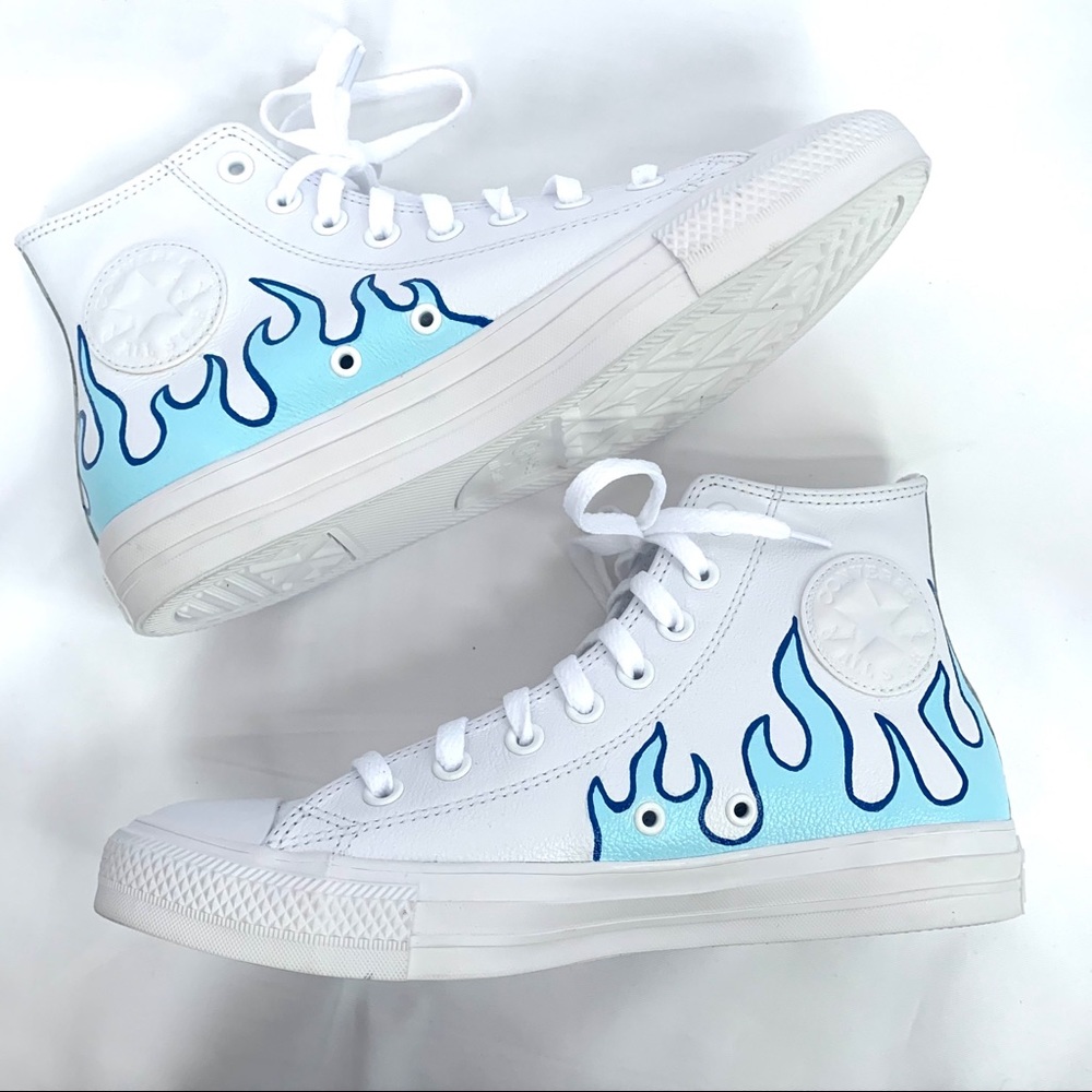 CUSTOM Hand Painted Blue Flame Leather Converse - Picture 4 of 5